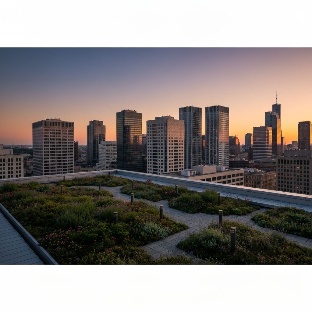 City skyline at sunrise with green rooftop
