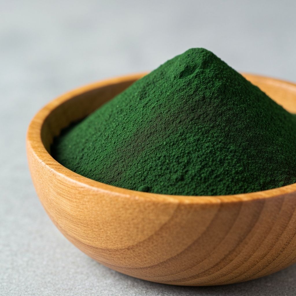 Spirulina powder in wooden bowl